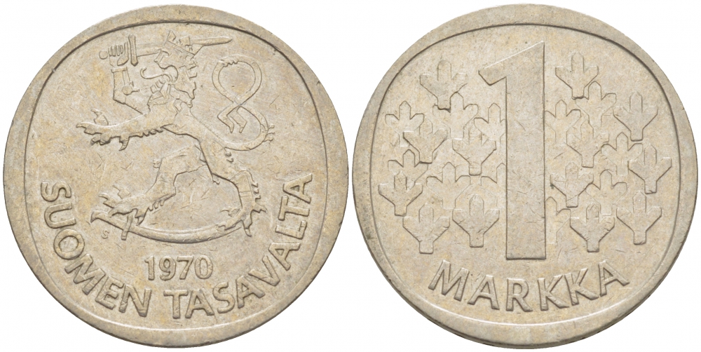 Финляндия 1 марка 1970 S KM 49а медно-никель 3718-736