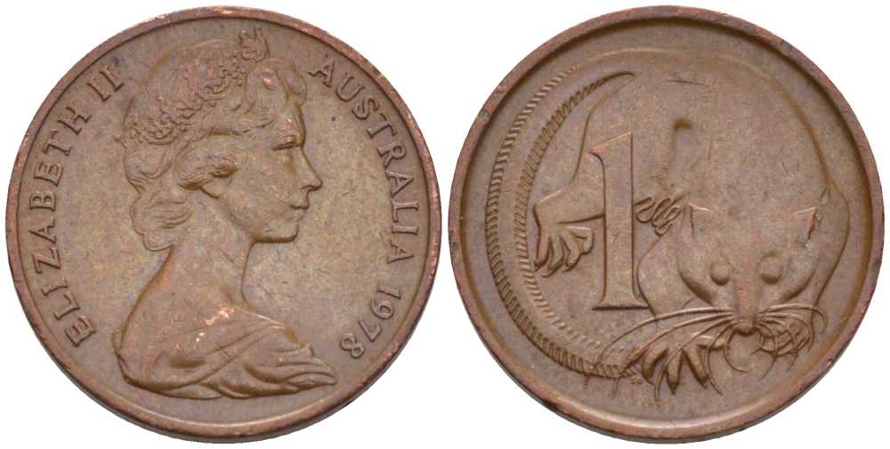 АВСТРАЛИЯ 1 ЦЕНТ 1978 ЕЛИЗАВЕТА II, МОЛОДОЙ ПОРТРЕТ, ОПОССУМ KM 62 бронза 100-838