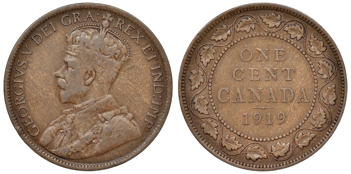 Канада 1 цент 1919 Георг V (1910-1936), большой формат KM 21 бронза    4116-722