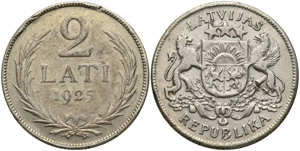 Латвия 2 лата 1925 Первая Республика (1918-1939) KM 8 серебро 27-1237