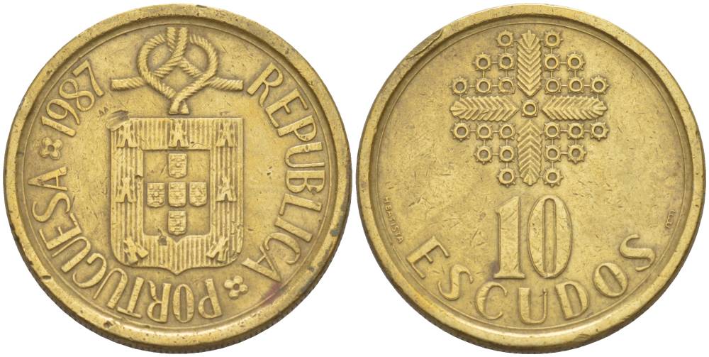ПОРТУГАЛИЯ 10 ЭСКУДО 1987 KM 633 никель латунь 4551-1032