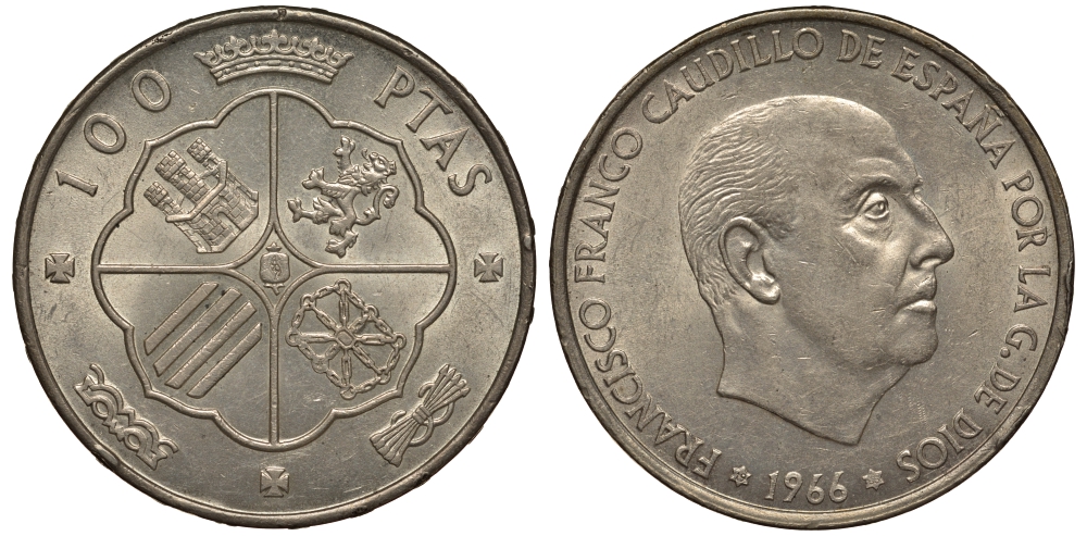 Испания 100 песет 1966 (68) Франсиско Франко (1939-1975) KM 797 серебро 633-411