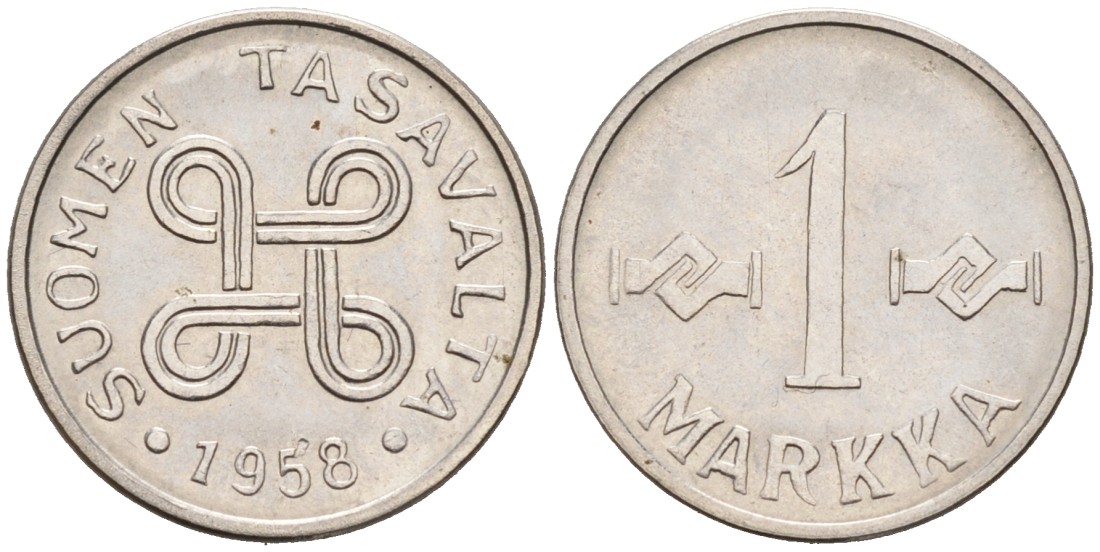 ФИНЛЯНДИЯ 1 МАРКА 1958 KM 38а железо плакированное никелем 192-1215