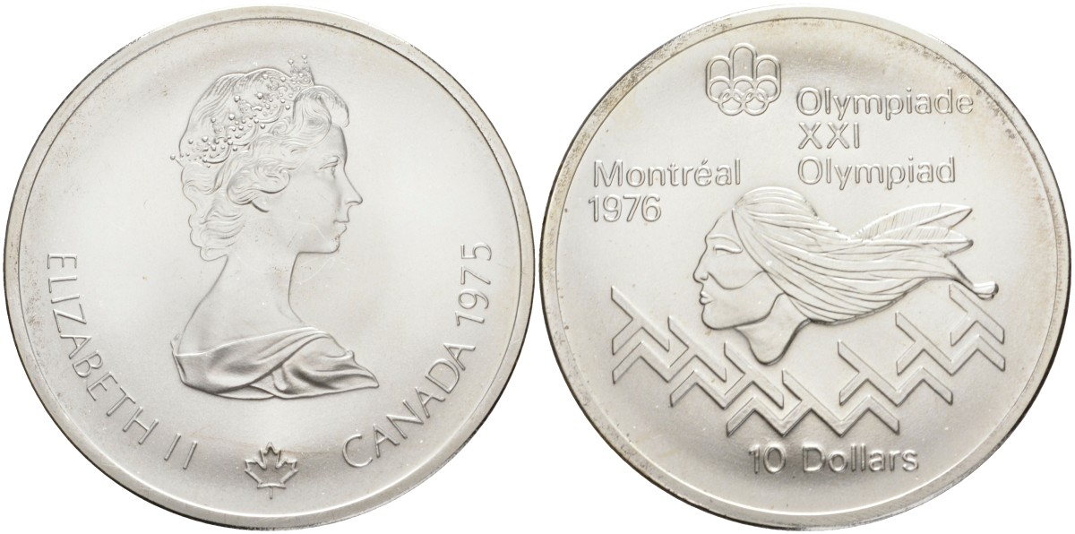 Канада 10 долларов 1975 XXI летние Олимпийские игры в Монреале 1976 года, индеец KM 102 серебро UNC 02-252-41