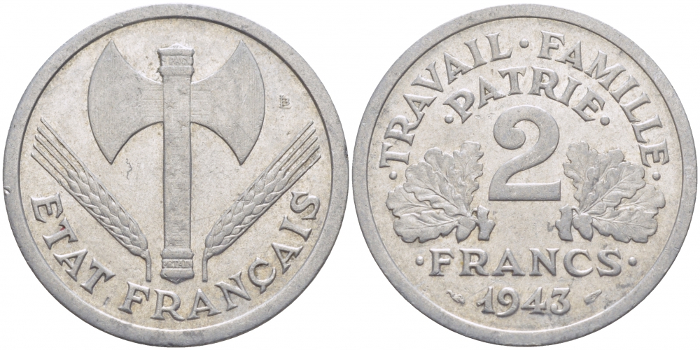 Франция 2 франка 1943 правительство Виши KM 904.1 алюминий 115-521