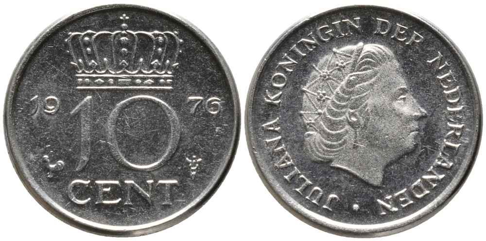 Нидерланды 10 центов 1976 Юлиана (1948-1980) КМ 182 никель 220-1267