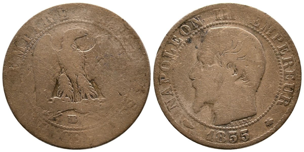 Франция 5 сантимов 1855 BB, Наполеон III (1852-1870) KM 777.3, LE FRANC 116.20 бронза 4385-1051