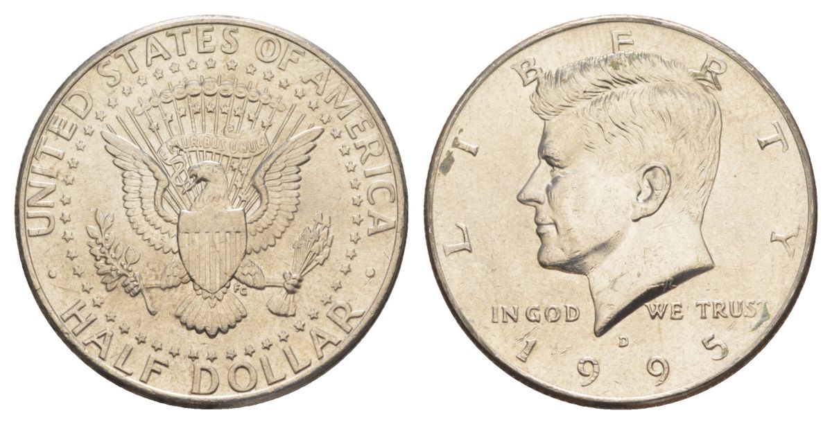 США 1/2 доллара (50 центов) 1995 D, Джон Кеннеди KM A202b медь плакированная медно-никелем aUNC 4382-712