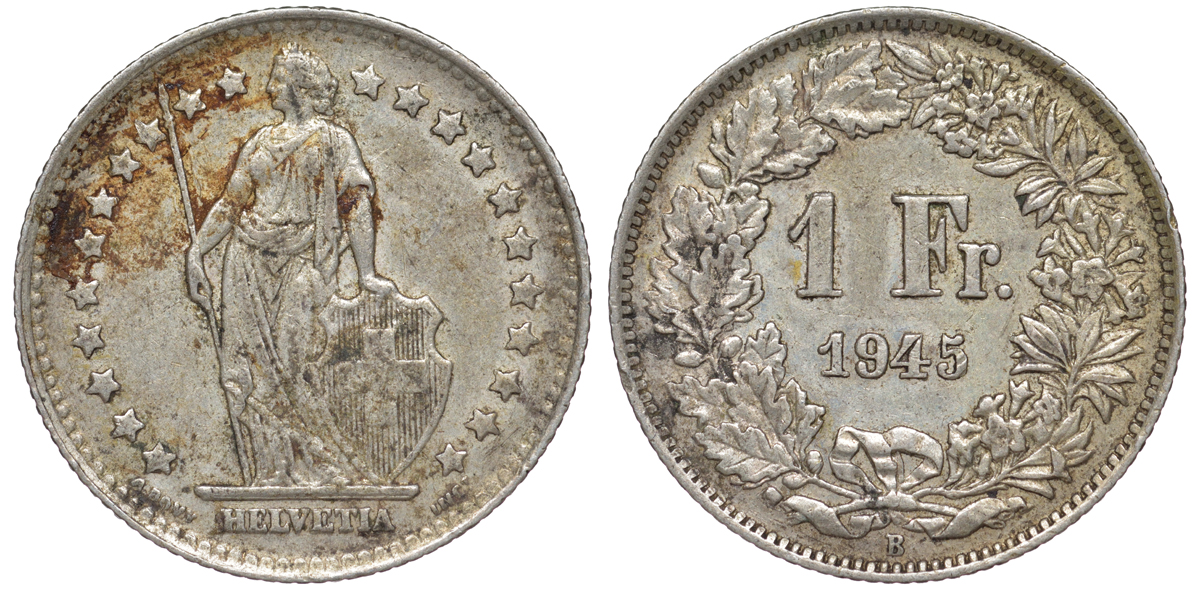 Швейцария 1 франк 1945 KM 24 серебро 4178-645