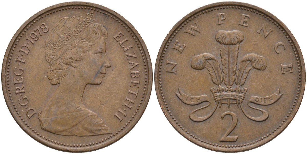 Великобритания 2 пенса 1978 Елизавета II (1952-2022) KM 916, Spink 4235 (C1) бронза 4587-914