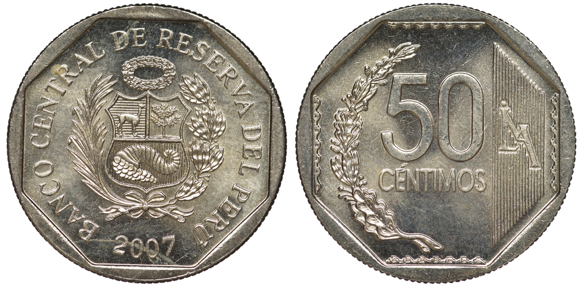 Перу 50 сентимо 2007 KM 307.4 медно-никель aUNC 4605-316