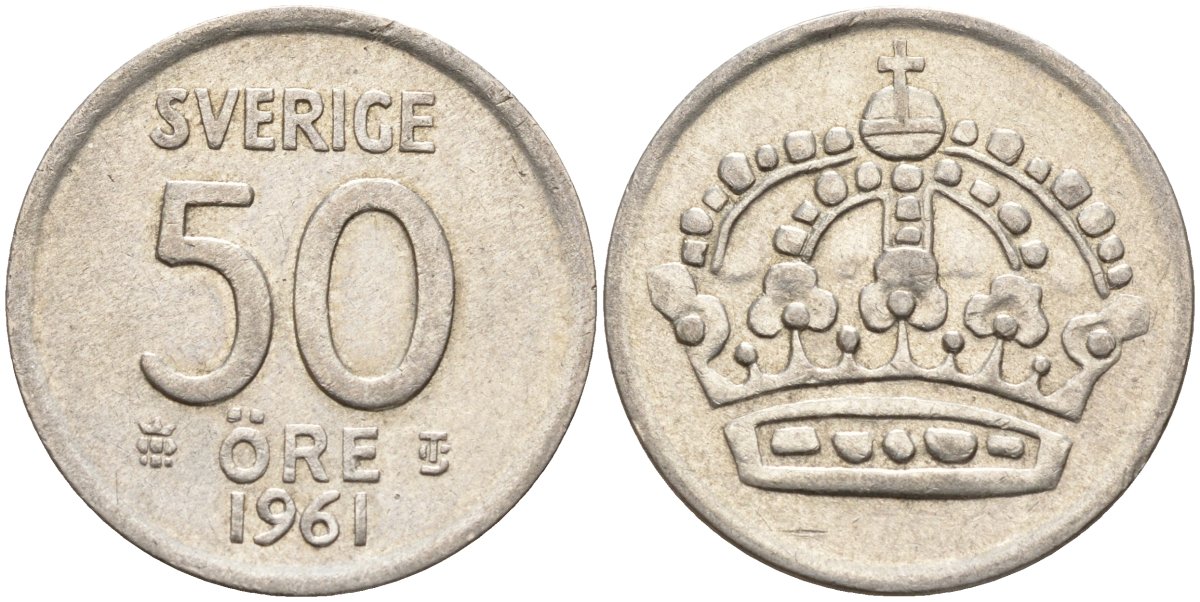 Швеция 50 эре 1961 TS, Густав VI Адольф (1950-1973) KM 825 серебро 4148-951