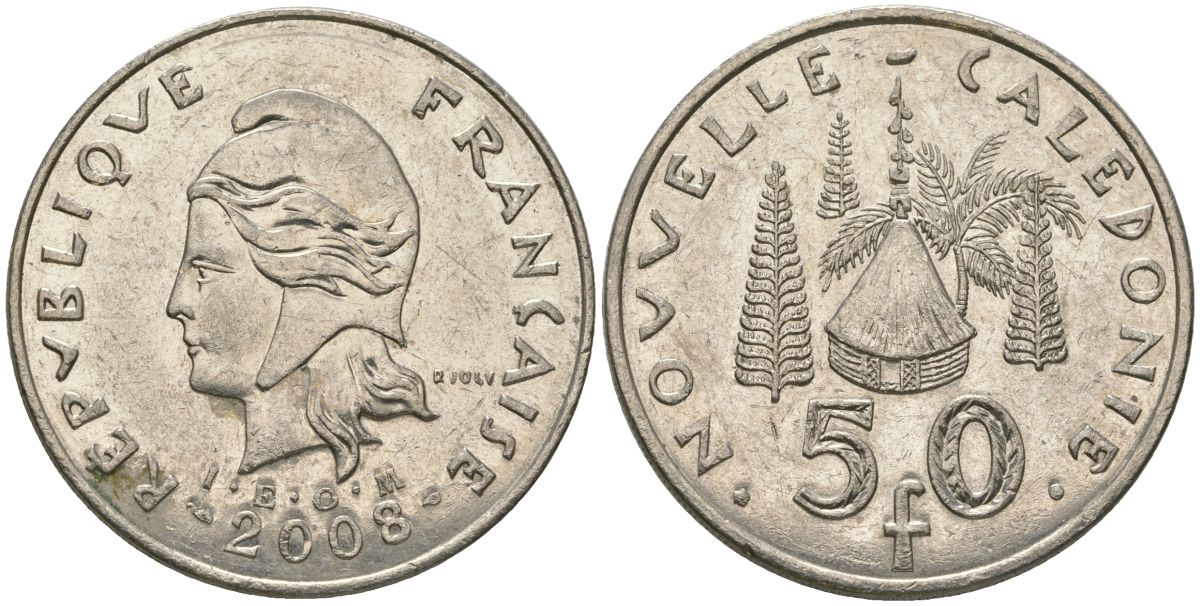 Французская Новая Каледония 50 франков 2008 хижина среди сосен и пальм, (IEOM) KM 13a, Schoen 15a, Lec 128i медно-никель 114-411