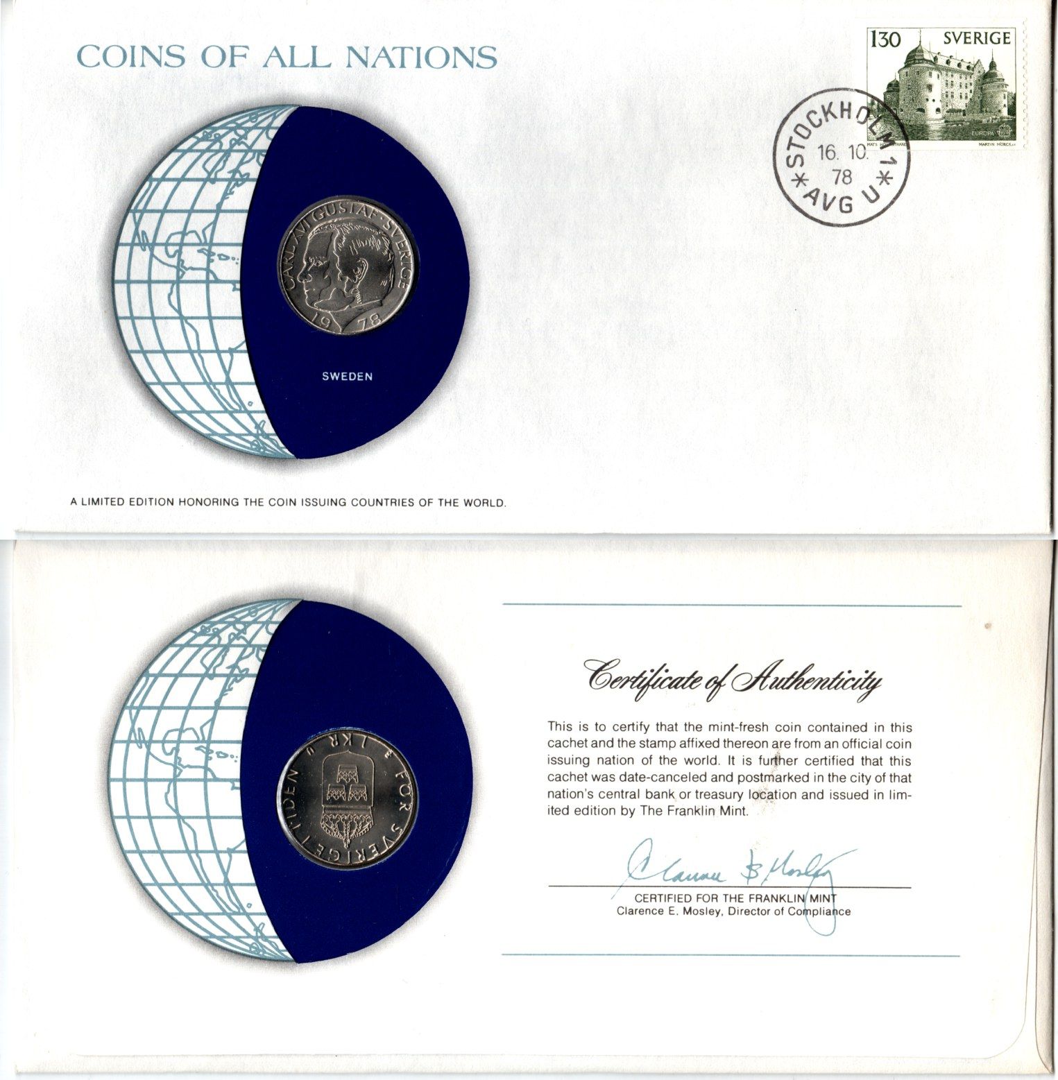 Швеция 1 крона 1978 конверт с маркой первого дня гашения, Coins of Nations KM 852 медь плакированная медно-никелем UNC 4295-17-2
