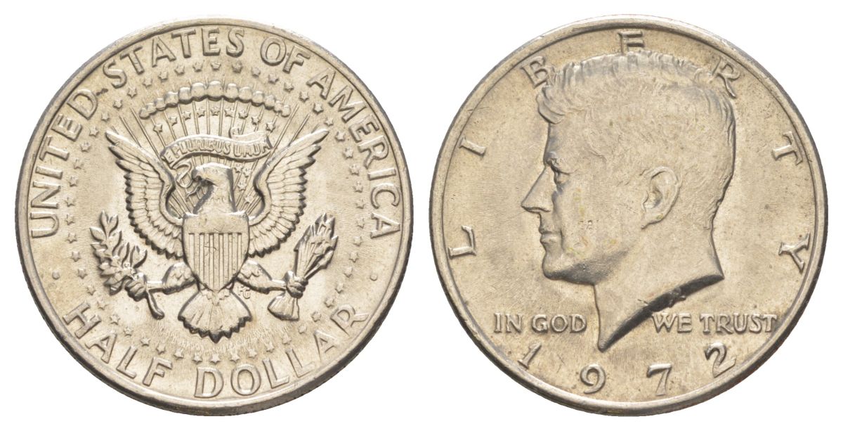 США 1/2 доллара (50 центов) 1972 Джон Кеннеди KM 202b медь плакированная медно-никелем aUNC 4140-541