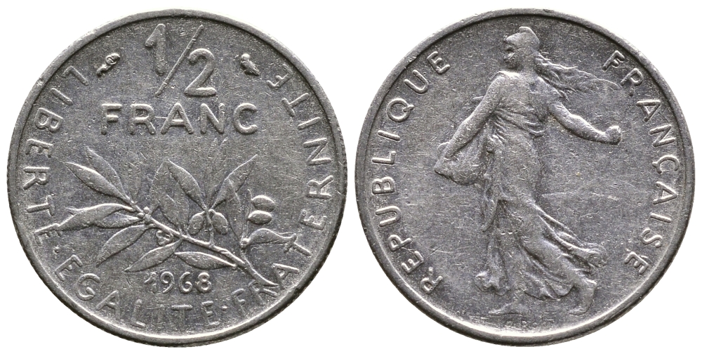 ФРАНЦИЯ 1/2 ФРАНКА 1968 СЕЯТЕЛЬ KM 931.1 никель 26-967