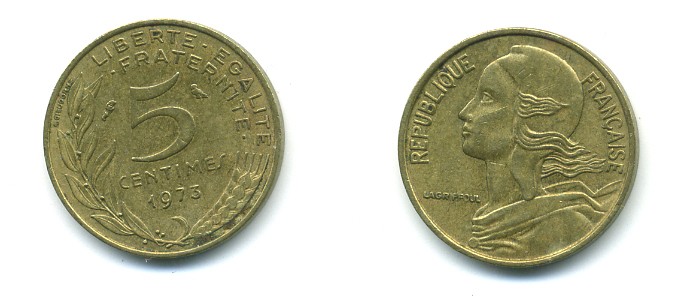 ФРАНЦИЯ 5 САНТИМОВ 1973 ТИП MARIANNE KM 933 медь алюминий никель 84-1535