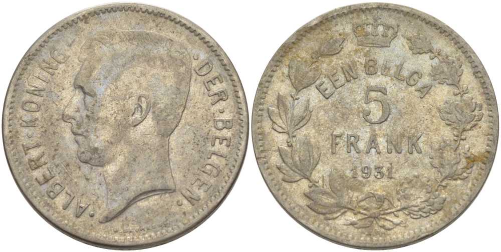 БЕЛЬГИЯ 5 ФРАНКОВ 1931 АЛЬБЕРТ I, DER BELGEN KM 98 никель 3851-336