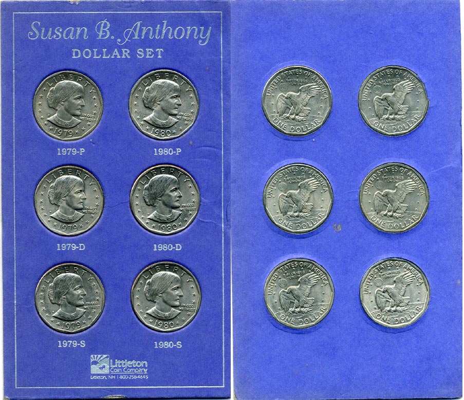 США НАБОР ИЗ 6 МОНЕТ ПО 1 ДОЛЛАРУ 1979-1980 ТИП СЬЮЗЕН ЭНТОНИ, ТРИ МОНЕТНЫХ ДВОРА, ФИЛАДЕЛЬФИЯ, ДЕНВЕР, САН-ФРАНЦИСКО KM 207 медь плакированная медно-никелем UNC 2-6-3-23