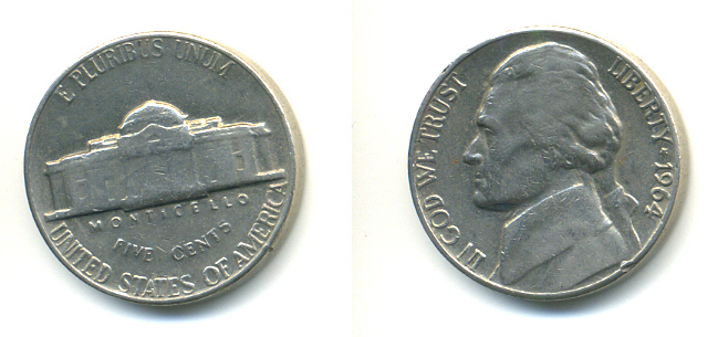 США 5 ЦЕНТОВ 1964 ДЖЕФФЕРСОН KM A192 медно-никель 89-444