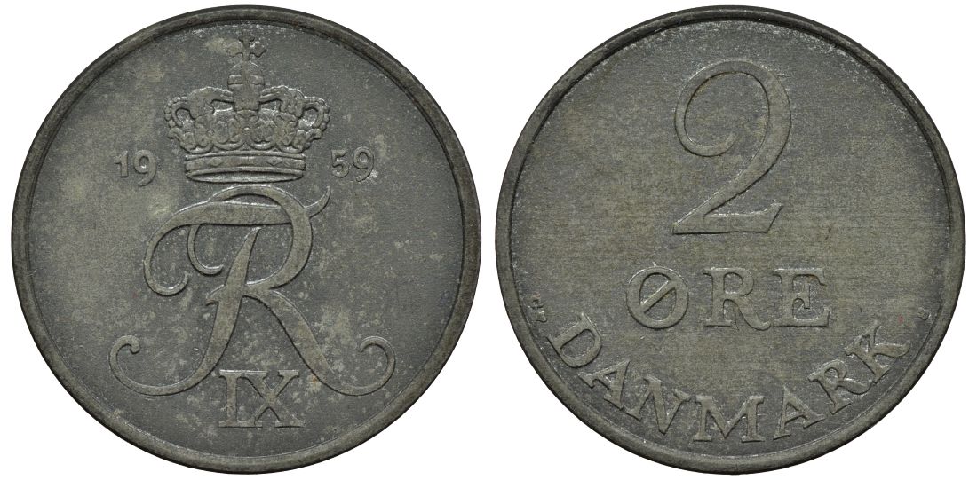 Дания 2 эре 1959 C;S, Фредерик IX (1947-1972) KM 840.2 цинк 4114-533