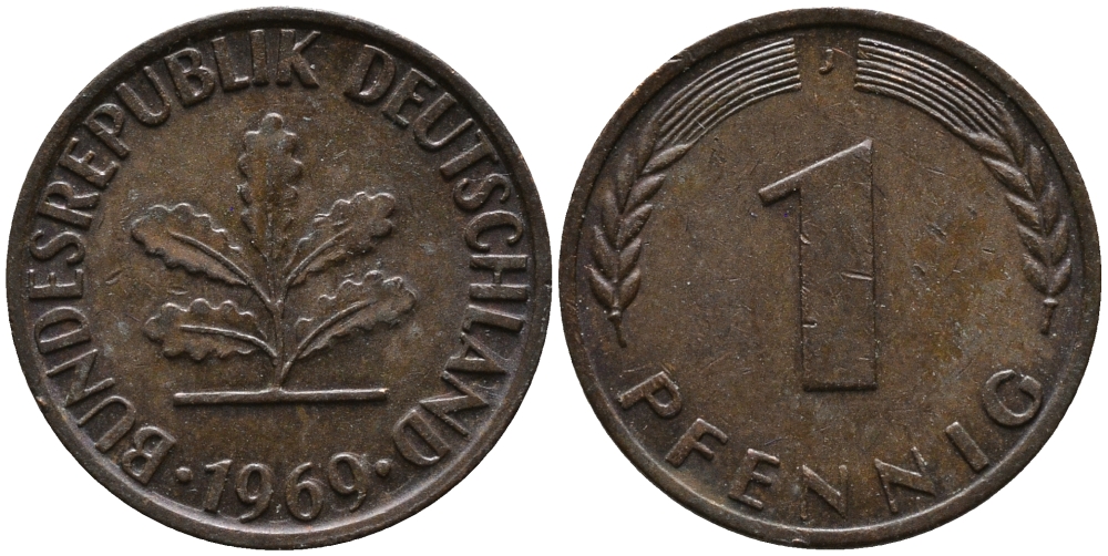 ФРГ 1 пфенниг 1969 J KM 105, J.380 сталь плакированная медью 99-311