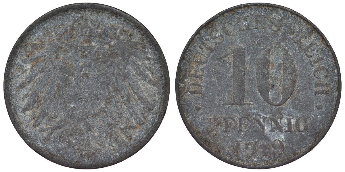 Германия 10 пфеннигов 1919 KM 26, J. 299, Weege 8 цинк 4119-1126
