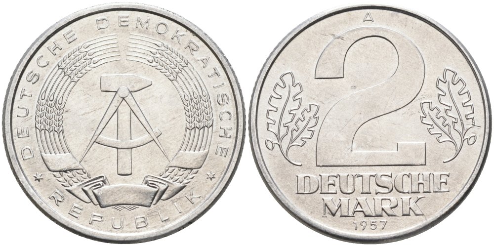 ГДР 2 марки 1957 А KM 14 алюминий UNC 4574-513