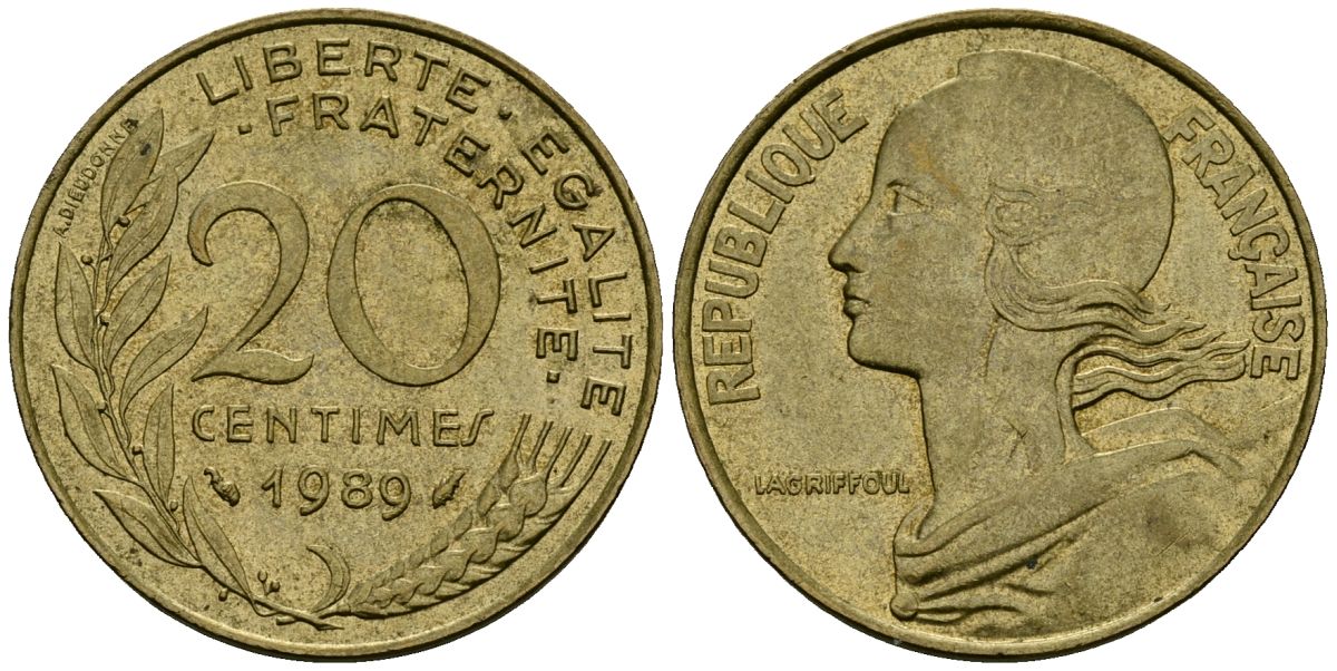 Франция 20 сантимов 1989 тип Marianne KM 930 медь алюминий никель 4135-635