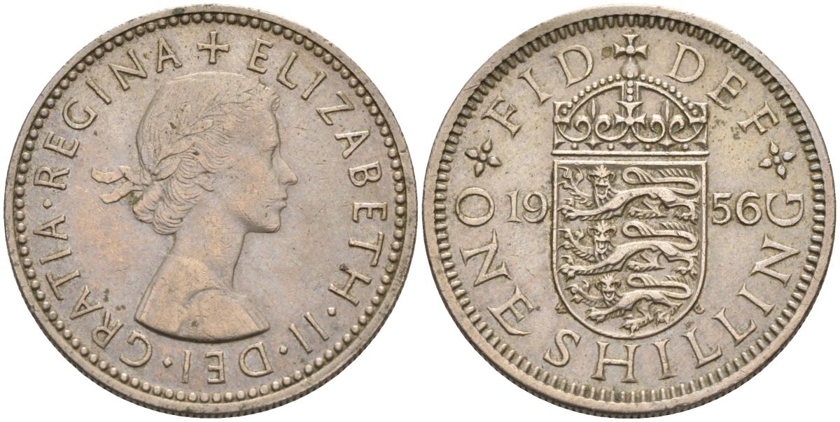 Великобритания 1 шиллинг 1956 Елизавета II (1952-2022), Английский герб KM 904, Spink 4147 медно-никель 4116-835