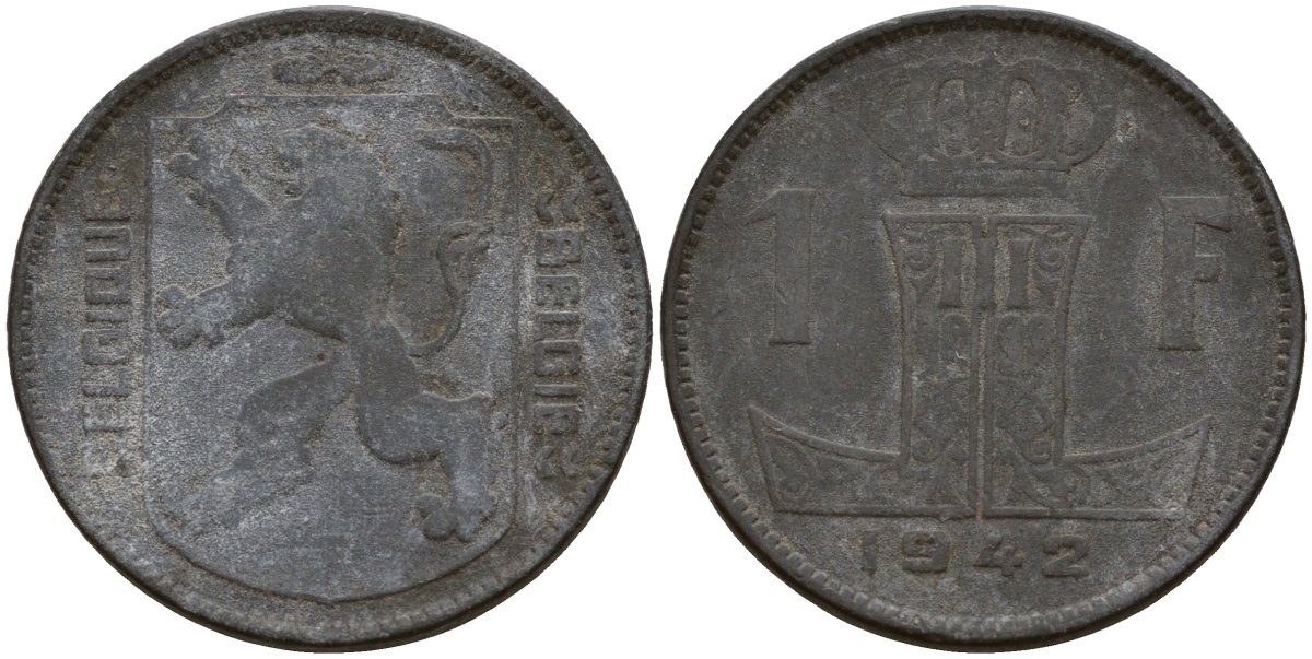 Бельгия 1 франк 1942 Belgique - Belgie, Леопольд III (1934-1947), германская оккупация, Вторая мировая война KM 127 цинк 4161-427