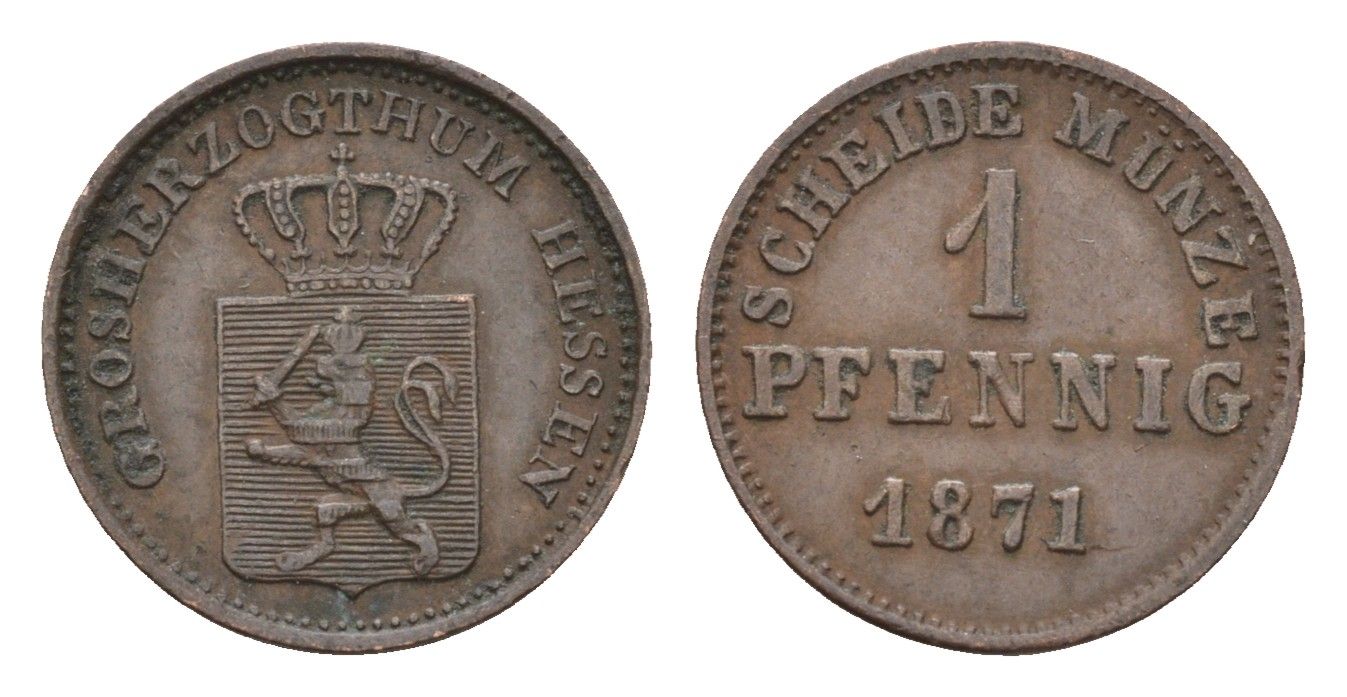Гессен-Дармштадт 1 пфенниг 1871 KM 337 медь 4152-338