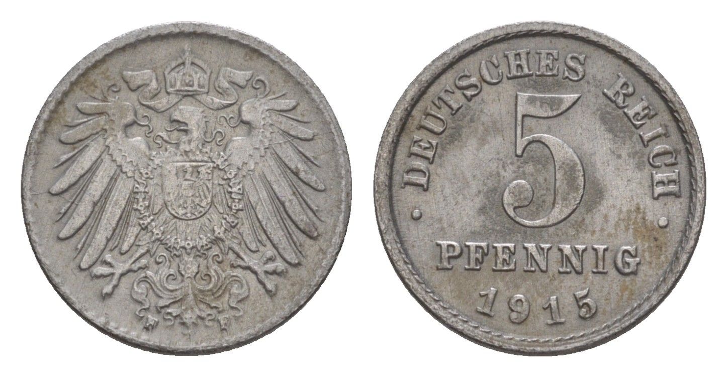 Германия 5 пфеннигов 1915 F, Вильгельм II (1888-1918) KM 19, J. 297 железо плакированное цинком 4644-1113