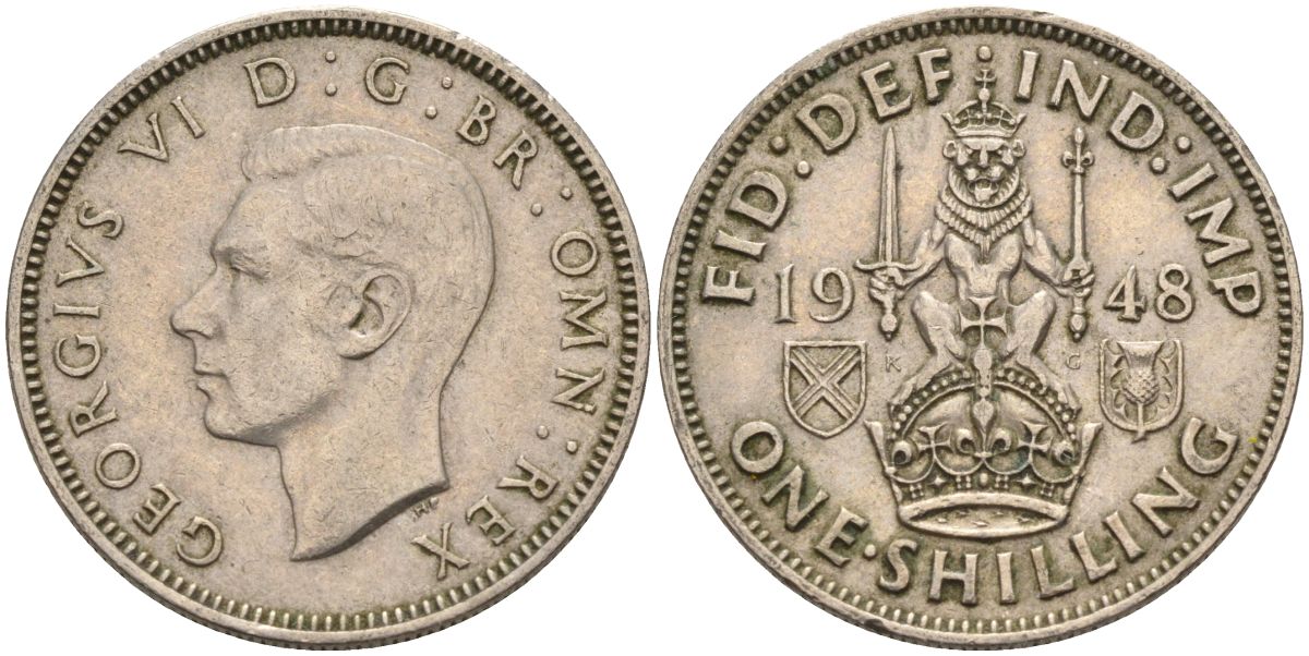 Великобритания 1 шиллинг 1948 Георг VI (1936-1952), Шотландский герб KM 864, Spink 4104 медно-никель 4126-354