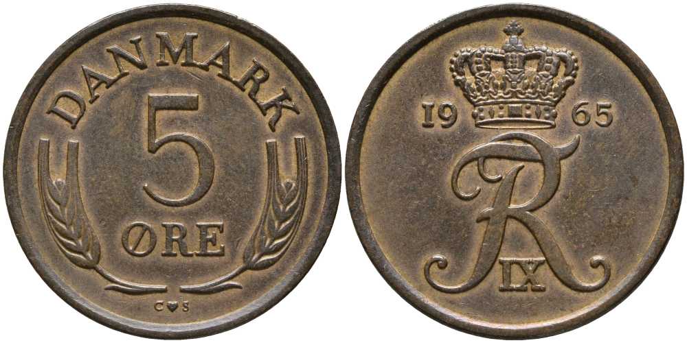 ДАНИЯ 5 ЭРЕ 1965 C; S, ФРЕДЕРИК IX (1947-1972) KM 848.1 бронза 31-615