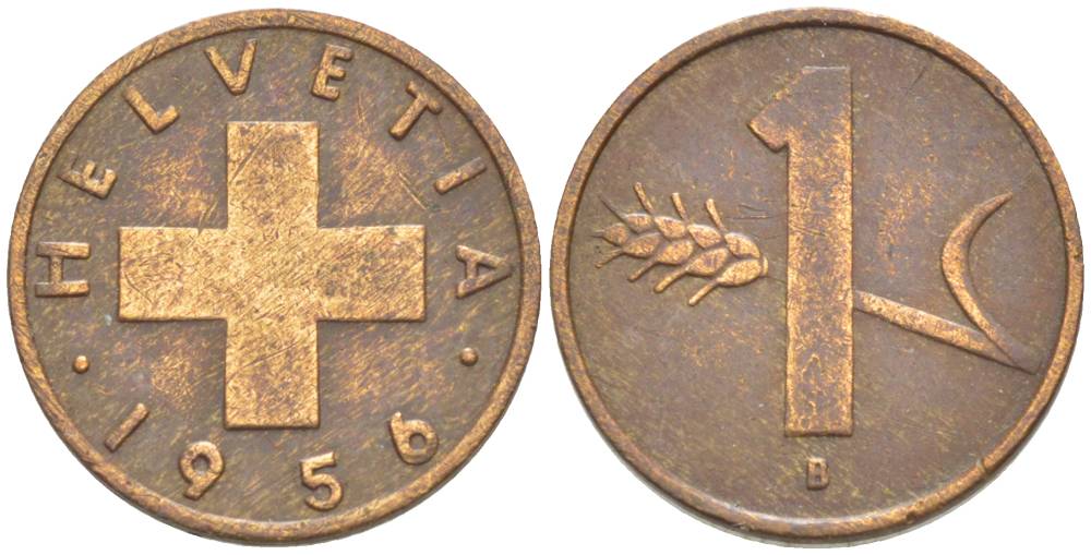 ШВЕЙЦАРИЯ 1 РАППЕН 1956 В KM 46 бронза 4532-333