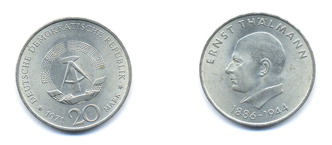 ГДР 20 марок 1971 A, 85 лет со дня рождения Эрнста Тельмана KM 34, J. 1535 медно-никель 3333-521