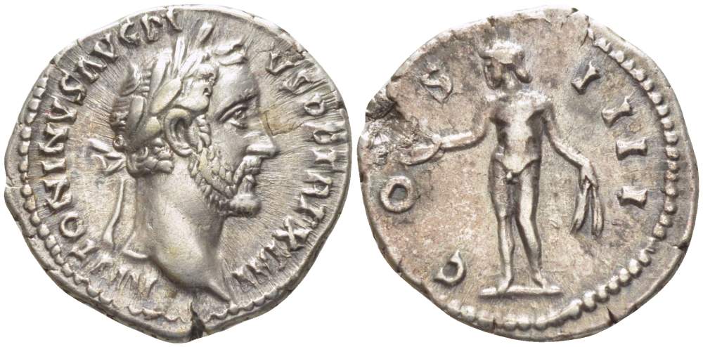 Римская Империя денарий 150 - 151 Антонин Пий, ANTONINVS AVG PIVS PP TR P XIIII, бюст императора / COS IIII, Гений с патерой и колосьями, Рим, 3,24 гр RIC 196 серебро 1073-18-92