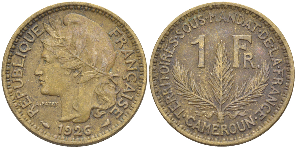 Французский Камерун 1 франк 1926 (а), монетный двор Париж KM 2 алюминиевая бронза 72-345