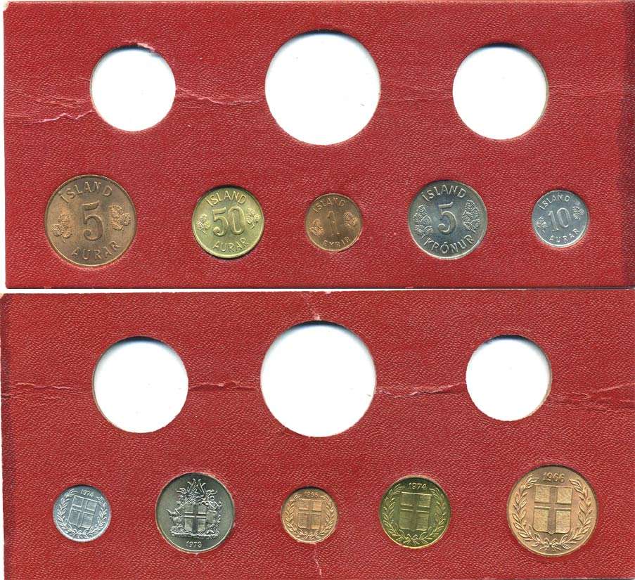 Исландия набор из 5 монет 1966-1974 1, 5, 10, 50 аурар и 5 крон UNC 5-4-3-15