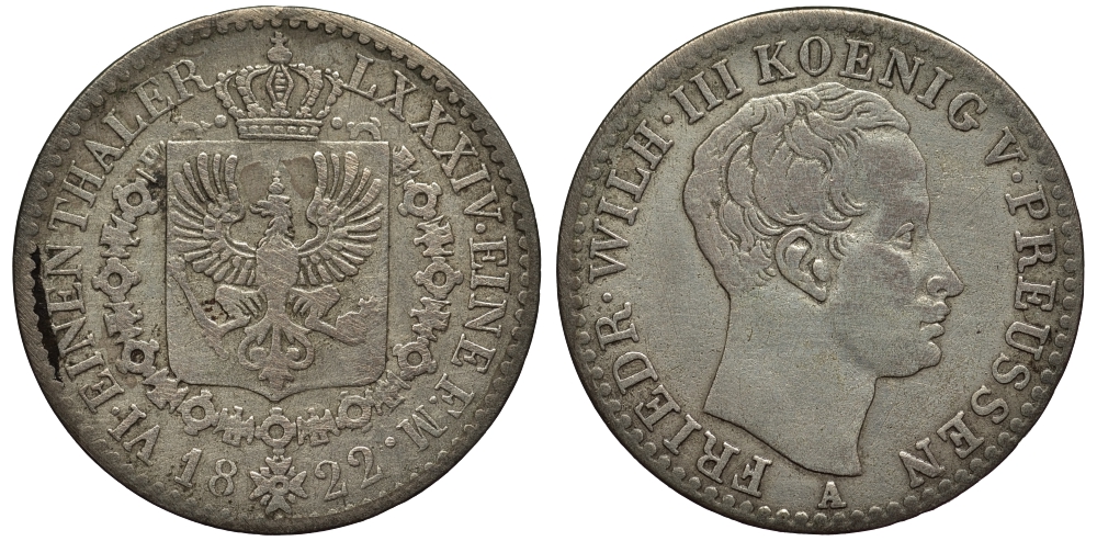 Пруссия 1/6 талера 1822 A, Фридрих Вильгельм III (1797-1840) KM 411 серебро 00-00