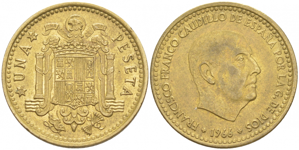 ИСПАНИЯ 1 ПЕСЕТА 1966 (70) ФРАНСИСКО ФРАНКО ДИКТАТОР ИСПАНИИ (1939-1975) КМ 796 алюминиевая бронза 68-147