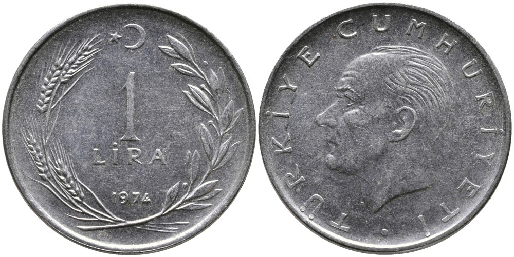 Турция 1 лира 1974 Мустафа Кемаль Ататюрк KM 889а.2 нержавеющая сталь 4178-1021