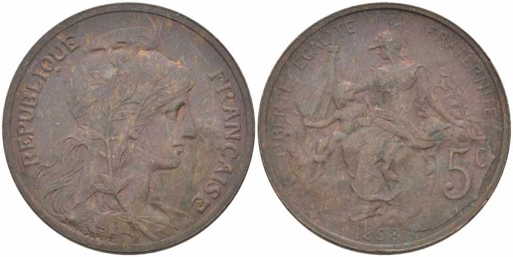 ФРАНЦИЯ 5 САНТИМОВ 1898 ТИП ДАНИЭЛЬ ДЮПЮИ KM 842, LE FRANC 119.5 бронза 108-814