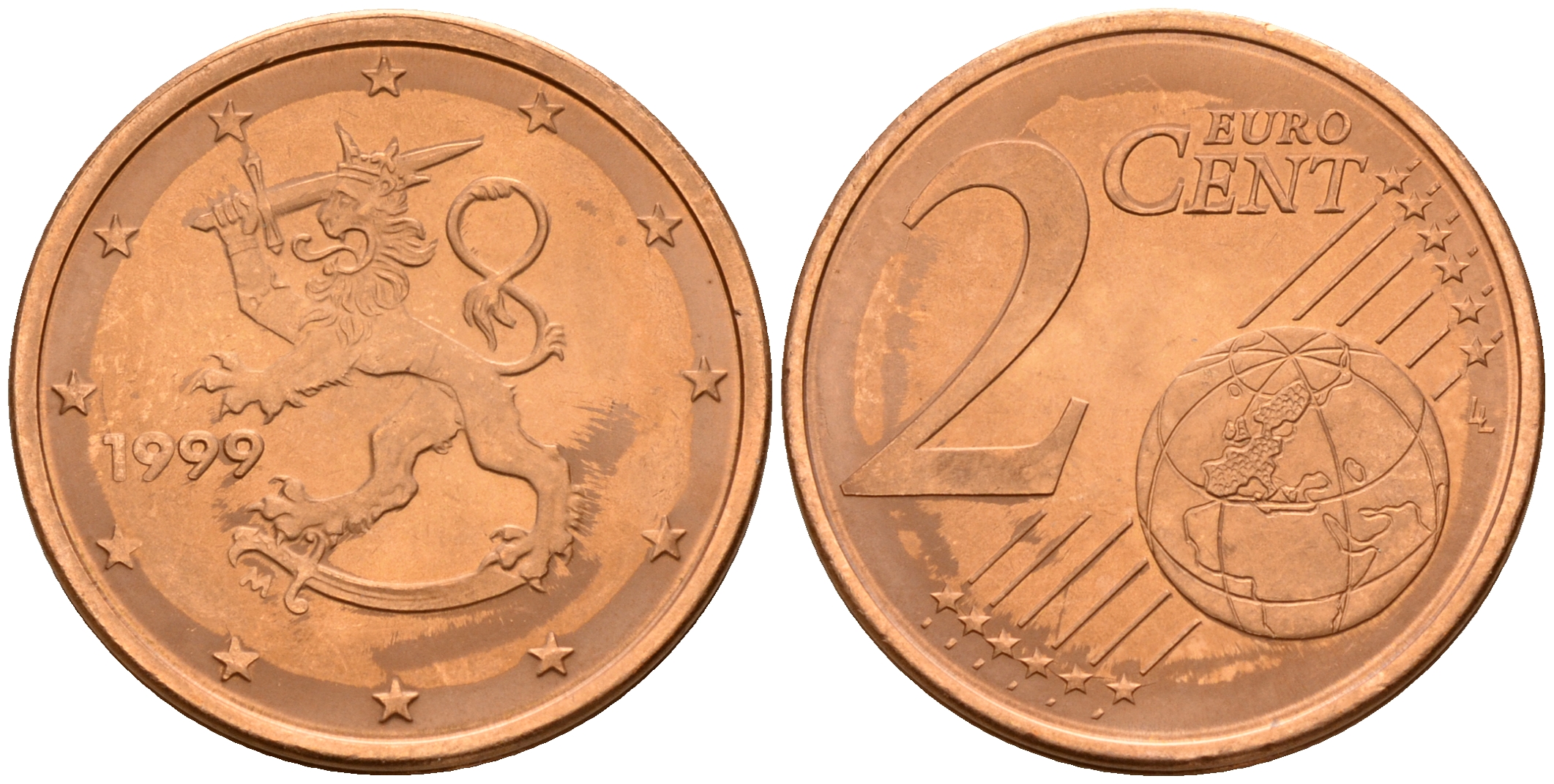 Финляндия 2 евроцента 1999  KM 99 сталь плакированная медью  UNC  4160-315