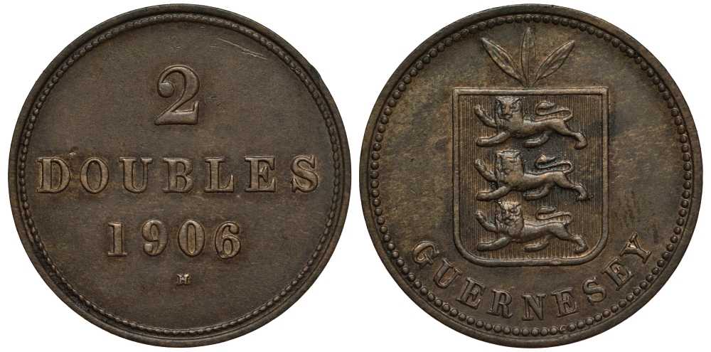 Гернси 2 дабла (дубля) 1906 H KM 9 бронза 650-621