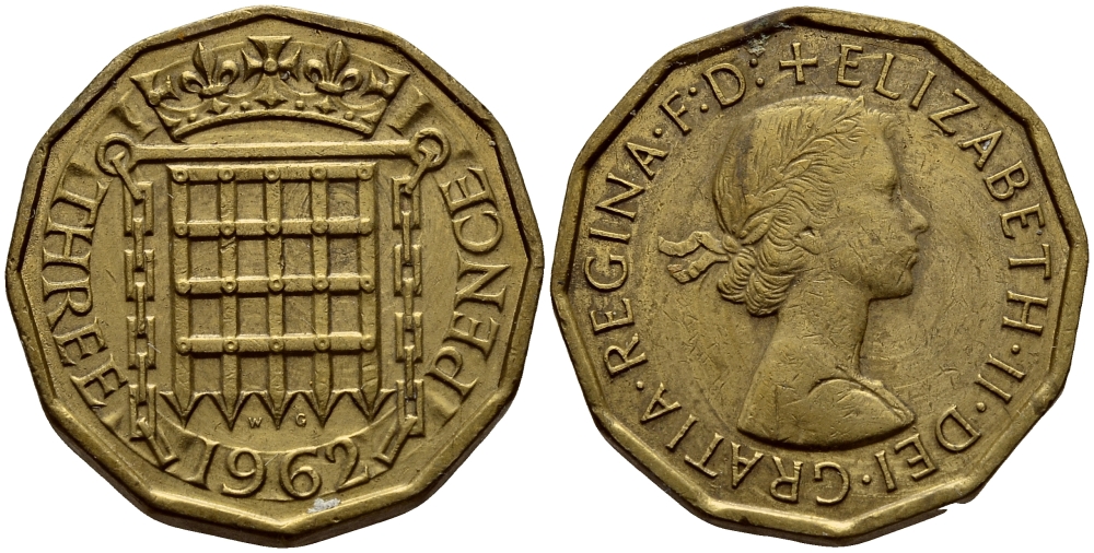 Великобритания 3 пенса 1962 Елизавета II (1952-2022) KM 900, Spink 4153 никель латунь 4393-1142