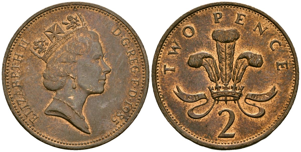 Великобритания 2 пенса 1985 Елизавета II (1952-2022) KM 936, Spink 4376 (C3) бронза 4167-531