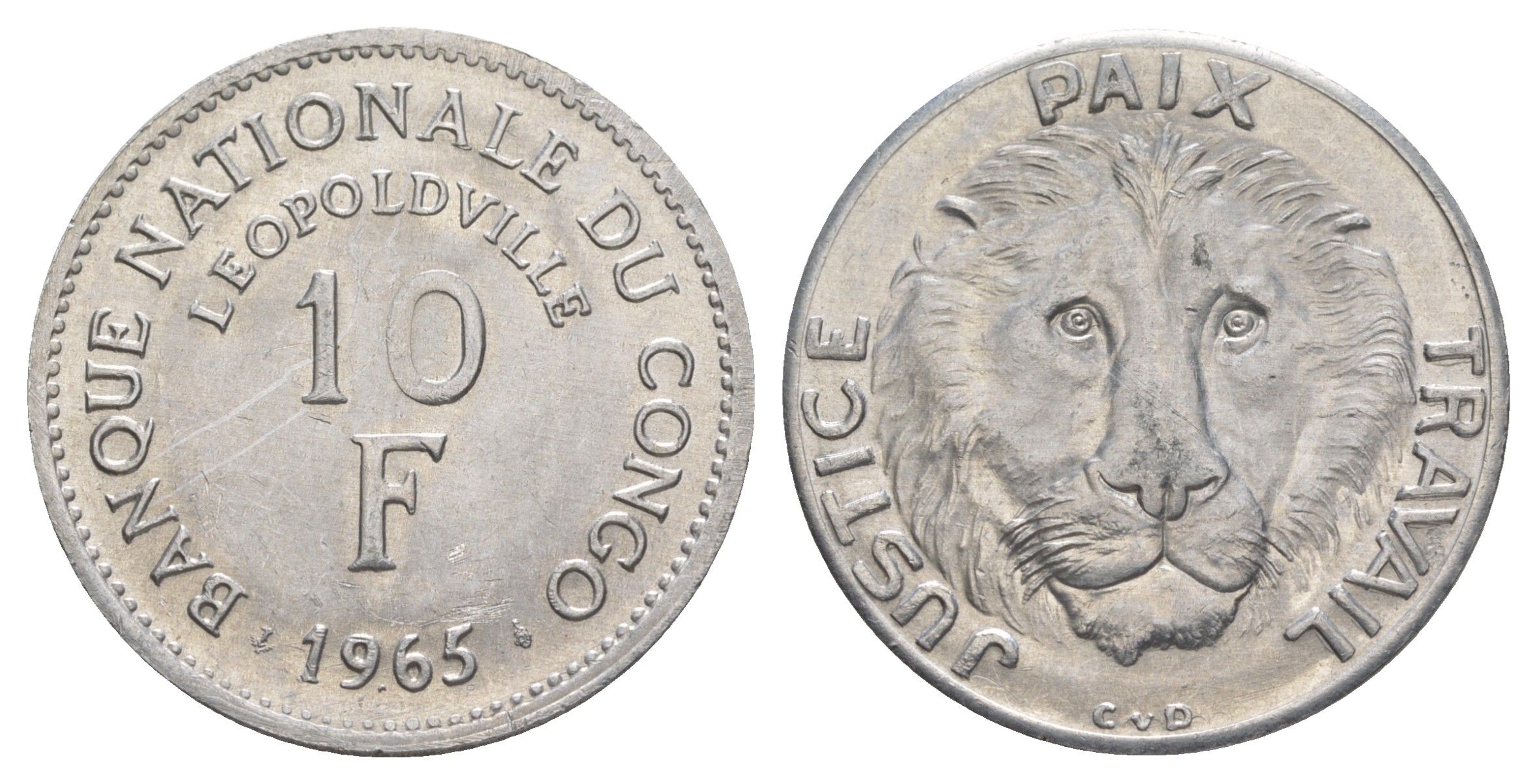 ДР Конго 10 франков 1965 KM 1 алюминий UNC 4645-1134