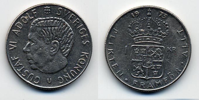 Швеция 1 крона 1973 Густав VI Адольф (1950-1973) KM 826а медь плакированная медно-никелем 25-951